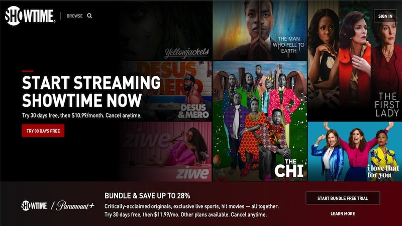 Showtime homepage