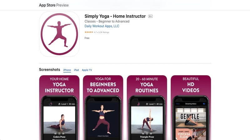 Simply Yoga app page