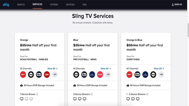 Sling TV services/channels