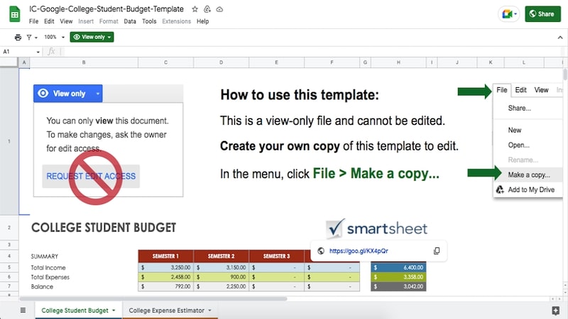 Smartsheet College Student Budget homepage