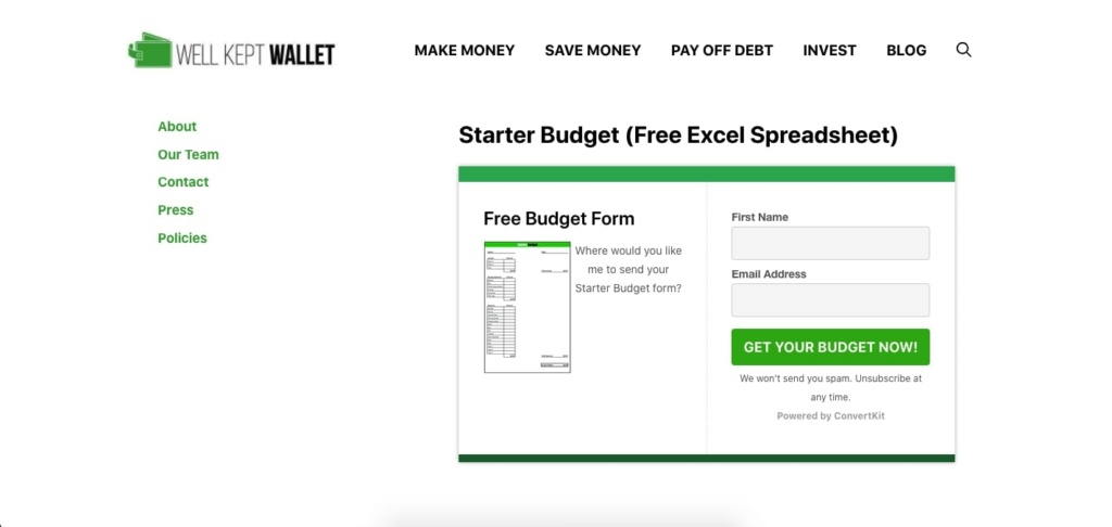 Starter Budget homepage