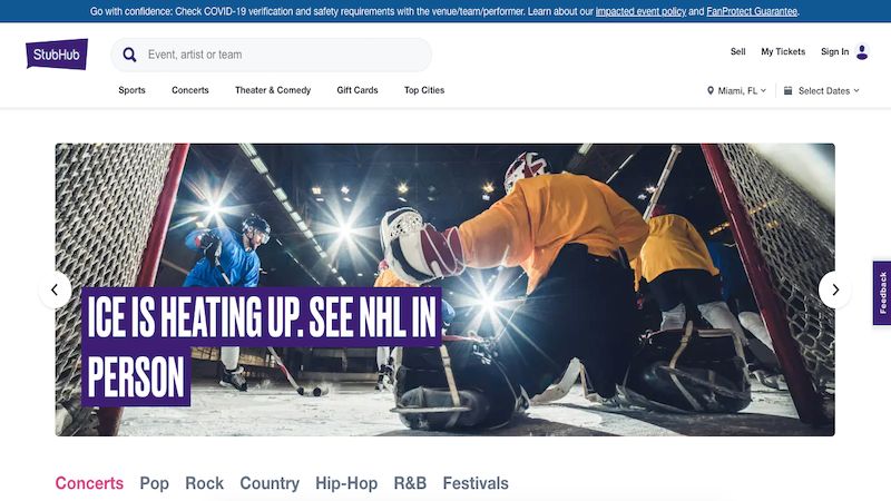 StubHub home page