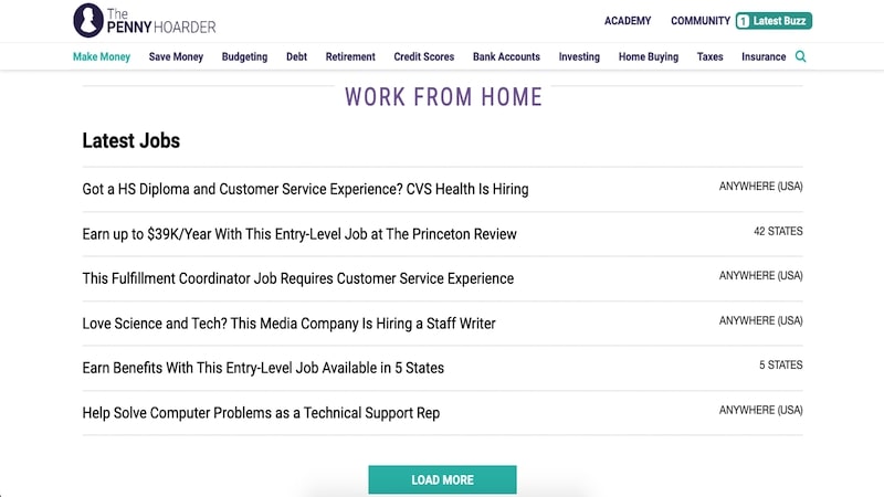 Penny Hoarder Job Board homepage