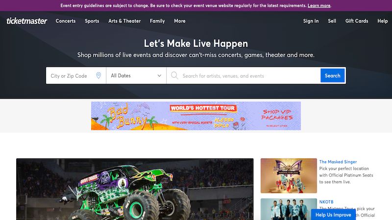 Ticketmaster home page
