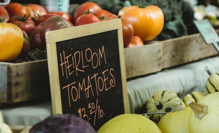 Heirloom tomatoes for sale on a counter