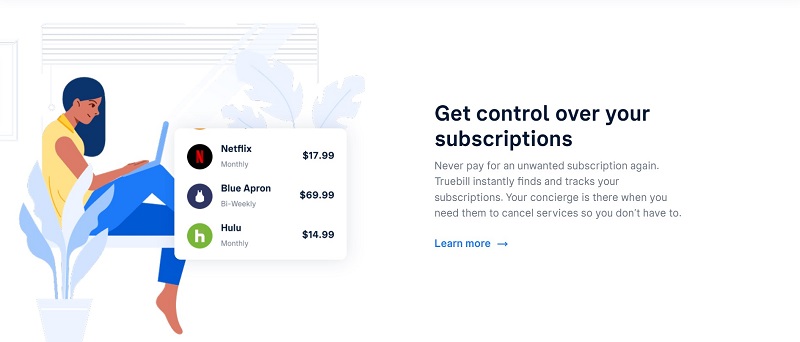 truebill page saying get control over your subscriptions