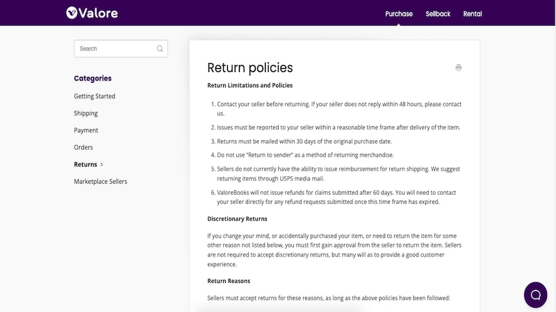 Valore Books Return Policy page