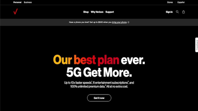 Verizon Wireless homepage