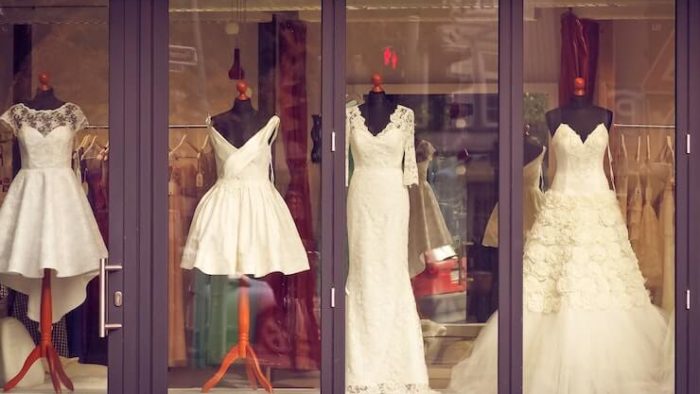 wedding dresses on display to be rented