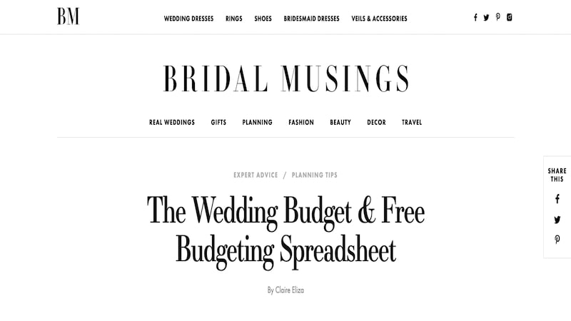 Wedding Budget Spreadsheet homepage