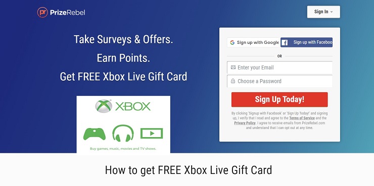 get free xbox live card on prize rebel