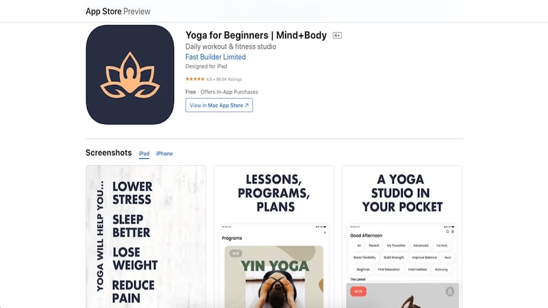 Yoga for beginners app page